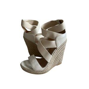 JEAN MICHEL CAZABAT Cream Leather Espadrille Wedges Sandals Size 37